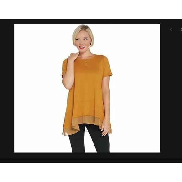 LOGO Lori Goldstein Short-Sleeve Knit Top XL Gold